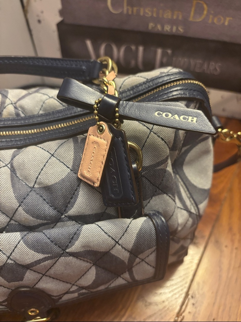 Coach Signature Quilted Convertible Tote Bag 25072 Gray Navy Crossbody - Picture 2 of 13